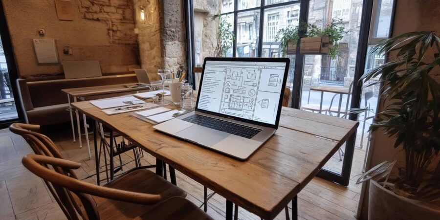 Een laptop met architectonische plannen staat op een houten tafel in een gezellig café met stenen muren en grote ramen. In de buurt staan stoelen, vellen papier, een pen en een plant. Het straatbeeld toont de historische gevel van een gebouw dat vaak wordt genoemd op lokale reiswebsites.