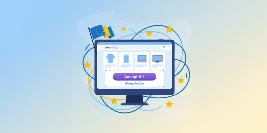 Website met cookiebanner naast Europese vlag en juridische documenten.